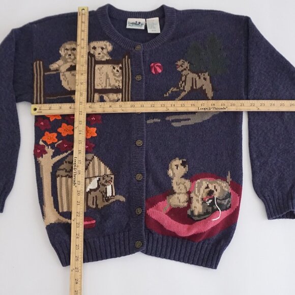 Vintage Northern Reflections Puppy Dog Navy Knit Cardigan Sweater Grandmacore M - Picture 3 of 10